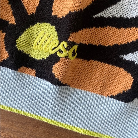 WESC short sleeve knit cardigan daisies polo collar button front blue orange M - Picture 7 of 14